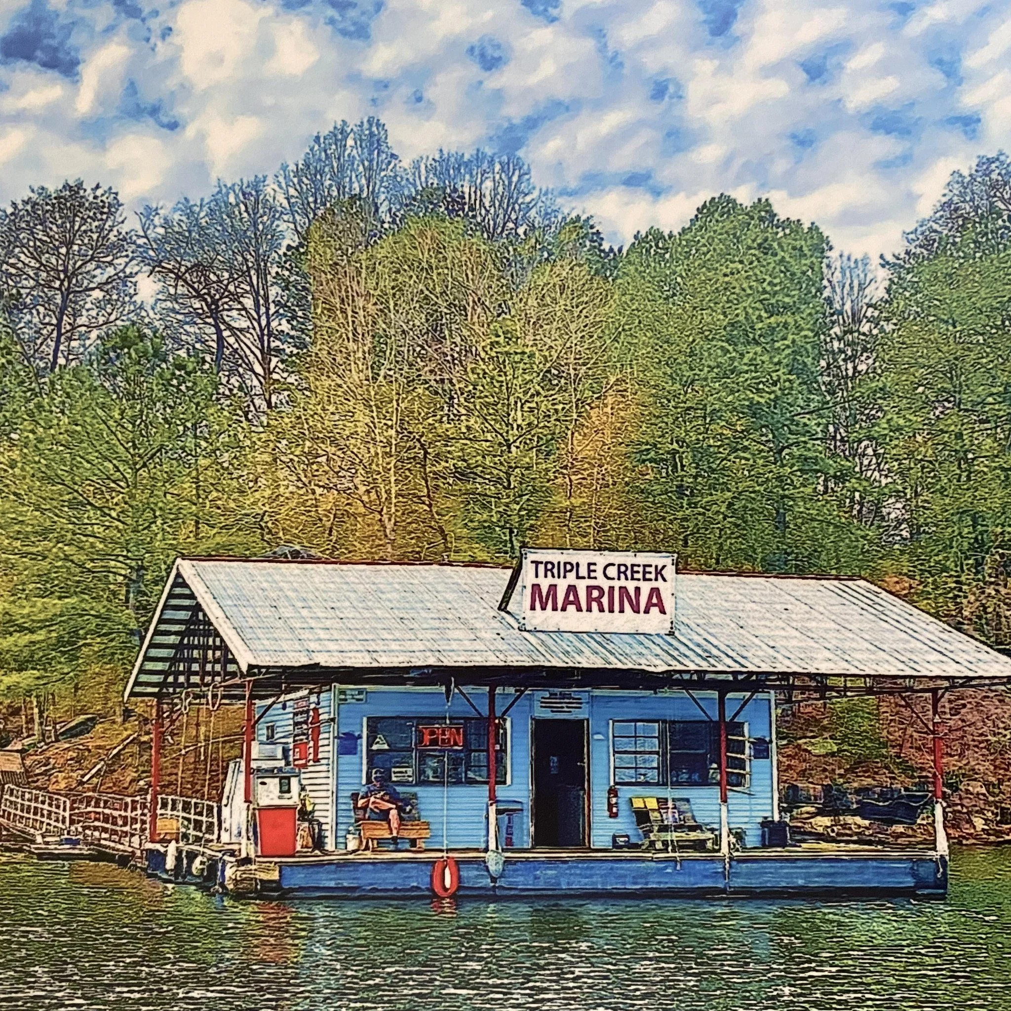 Colorful illustration of a boat docked at a marina with trees and a partly cloudy sky in the background.