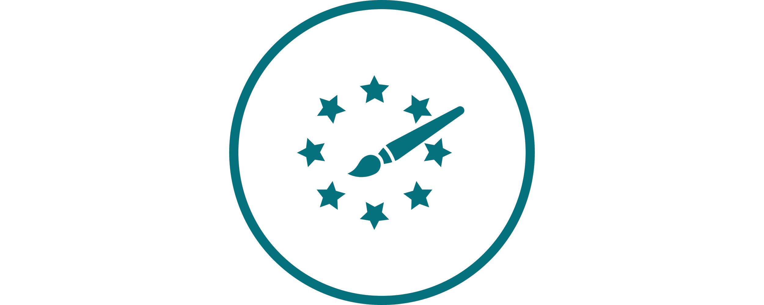 A graphic of a clock with a paintbrush as the hour hand and a right-pointing arrow as the minute hand, surrounded by ten stars, representing artistic or creative time management.