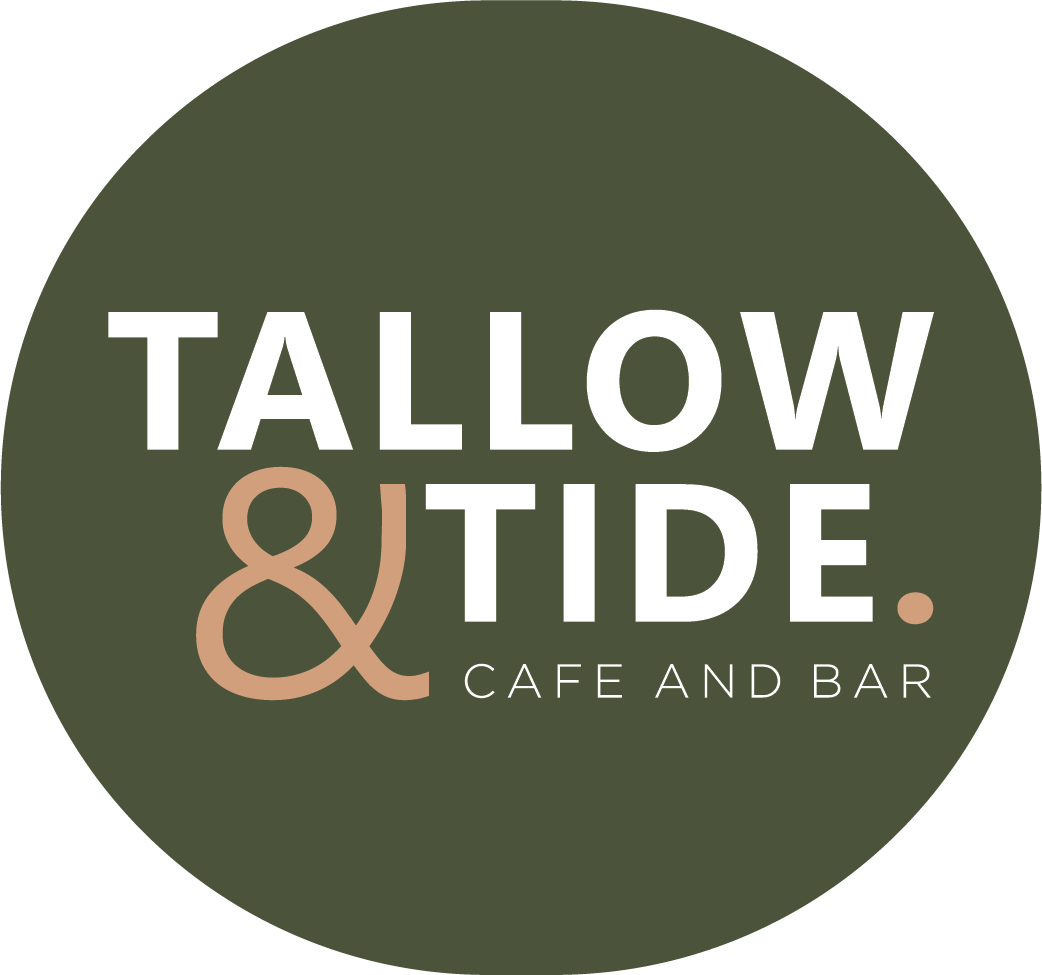 Logo for Tallow & Tide Cafe and Bar with green circular background and white and tan text.