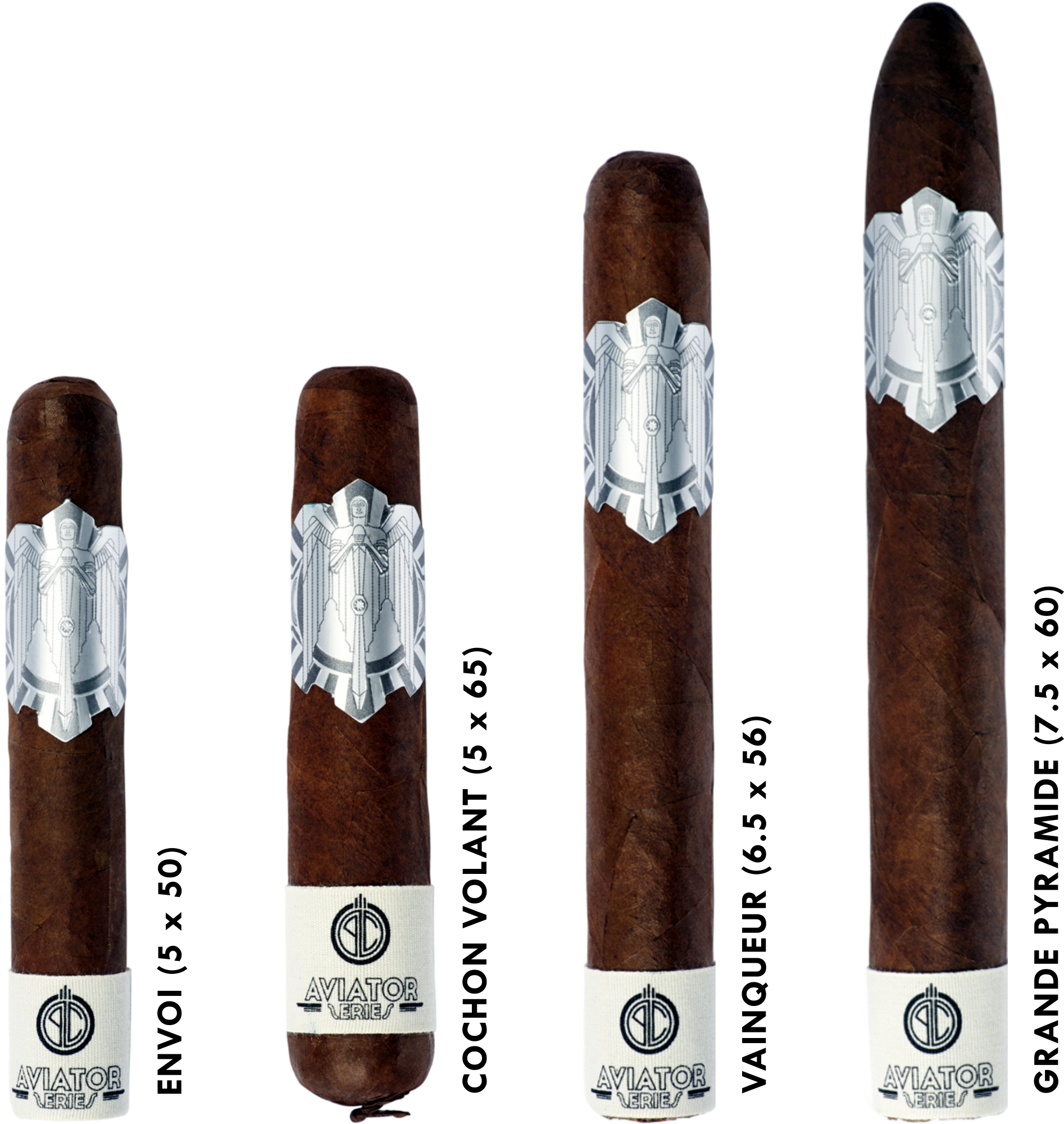 Principle Cigars Aviator Series cigar lineup showing the Envoi 5x50, Cochon Volant 5x65, Vainqueur 6.5x56, and Grande Pyramide 7.5x60.