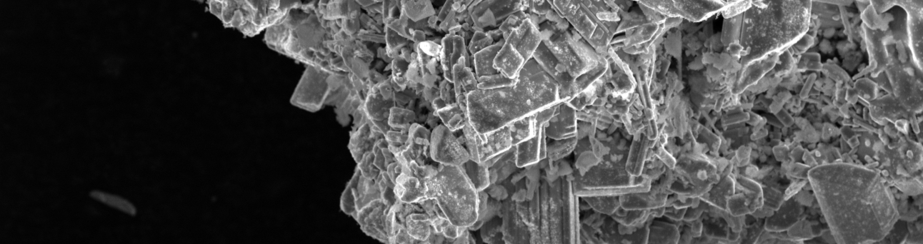 Microscopic view of layered mineral or crystal fragments of a catalyst, in black and white.