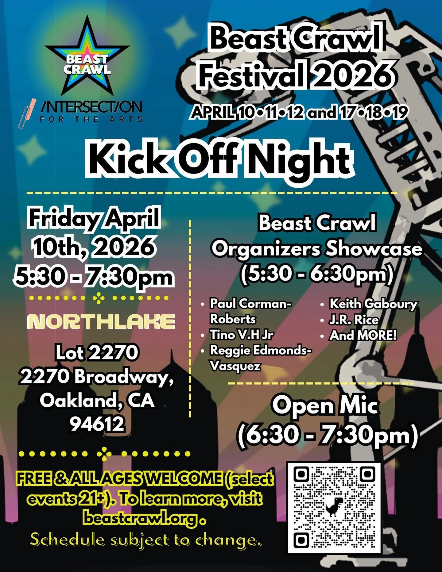 You&rsquo;ve heard right folks! The Beast is Back, and we have Readings, Open Mics, Workshops and Panels galore for you to attend. And our first ever book fair!

TICKETS ARE AVAILABLE NOW!!!

At BeastCrawl.Org

Join us on April 10th, 11th, 12th, 18th