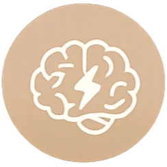 A white outline of a human brain with a lightning bolt in the center against a beige circular background.