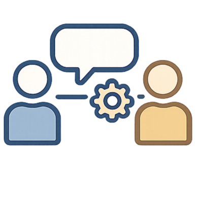 Two cartoon figures, one blue and one tan, engaged in conversation with a gear icon and a speech bubble between them.