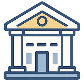 A stylized drawing of a government or institutional building with pillars and a triangular pediment.