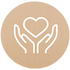 Icon of two hands holding a heart on a beige background.