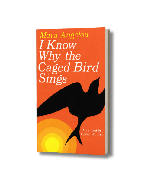 Cover of the book titled 'I Know Why the Caged Bird Sings' by Maya Angelou, featuring a silhouette of a bird against an orange background with a setting sun.