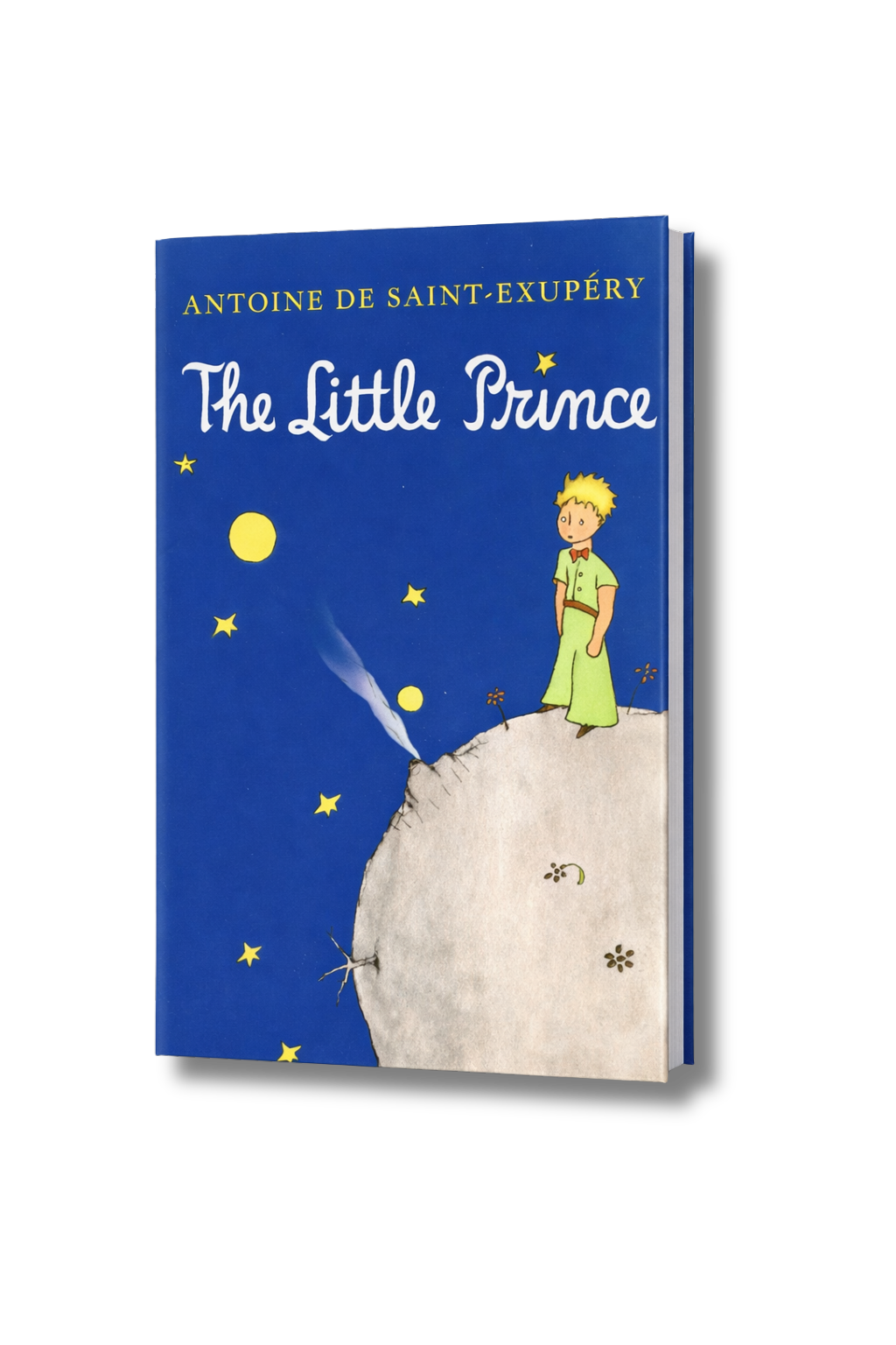 Cover of the book titled 'The Little Prince' by Antoine de Saint-Exupéry, featuring an illustration of the Little Prince standing on a small planet, looking at the sky with stars and planets, against a blue background.