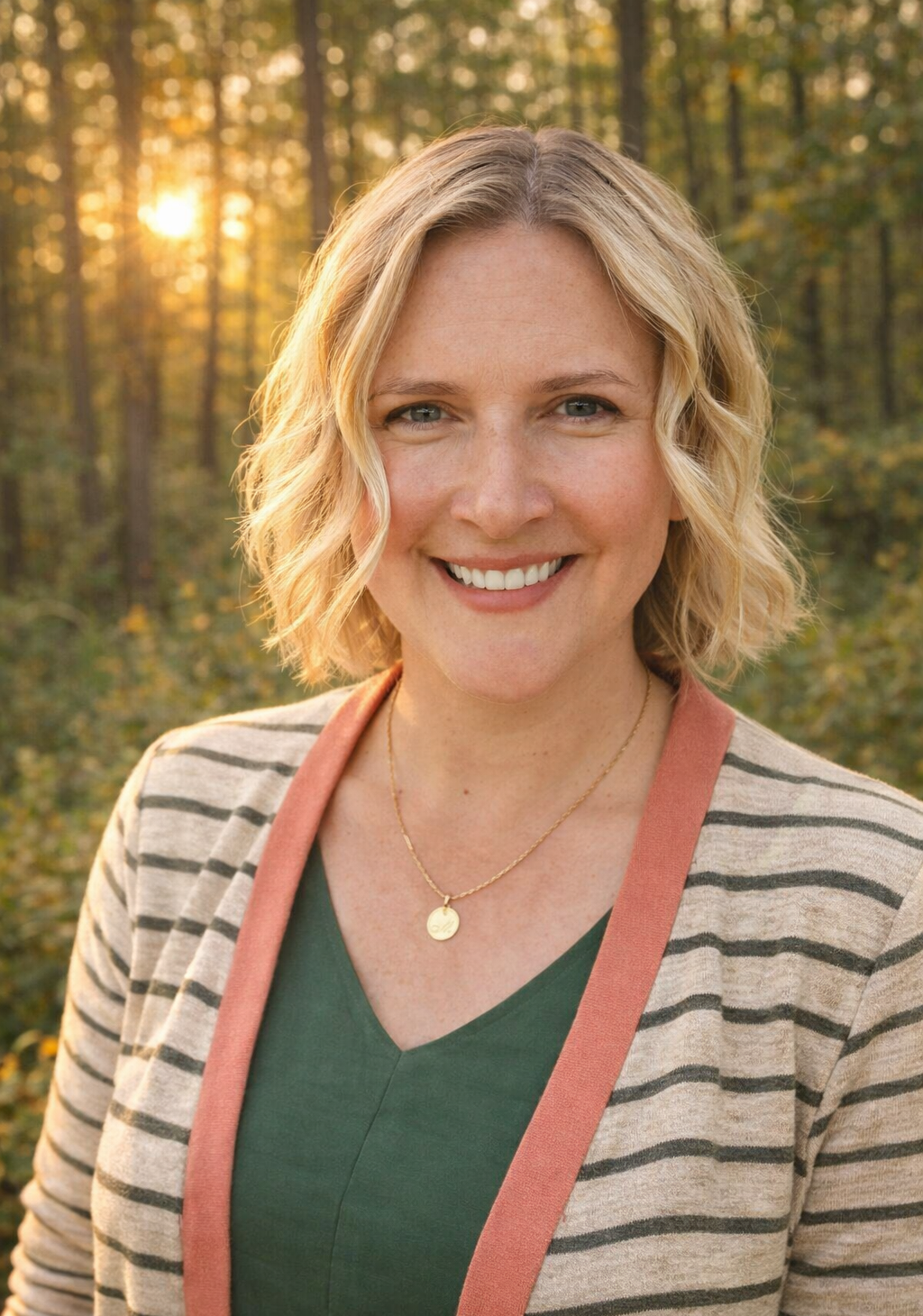 A woman with blonde wavy hair smiling outdoors in a forest during sunset, wearing a striped blazer over a green top and a gold necklace.