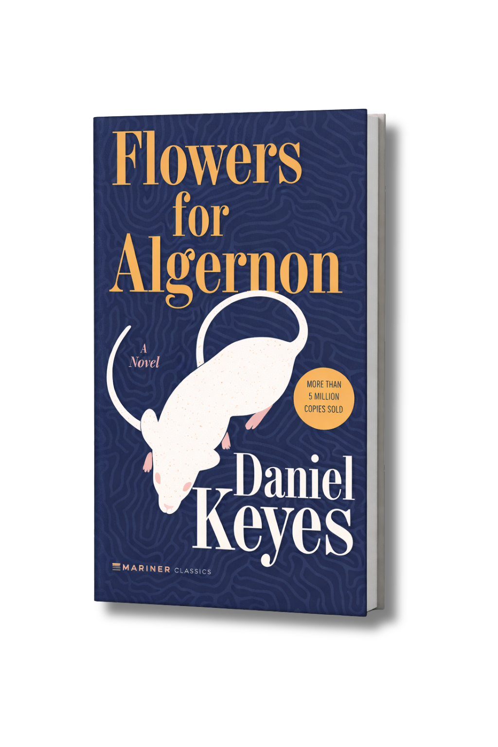 Cover of a book titled 'Flowers for Algernon' by Daniel Keys, with an illustration of a white mouse on a dark blue background with topographical lines, and a yellow circle indicating more than 5 million copies sold.