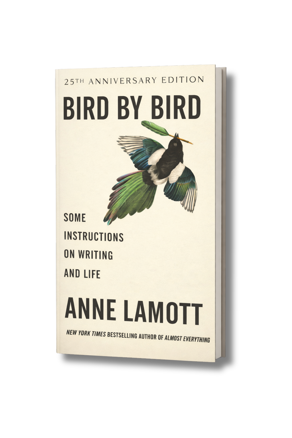 Book titled "Bird by Bird" by Anne Lamott, 25th Anniversary Edition, with an illustration of a bird holding a green leaf in its beak on the cover.