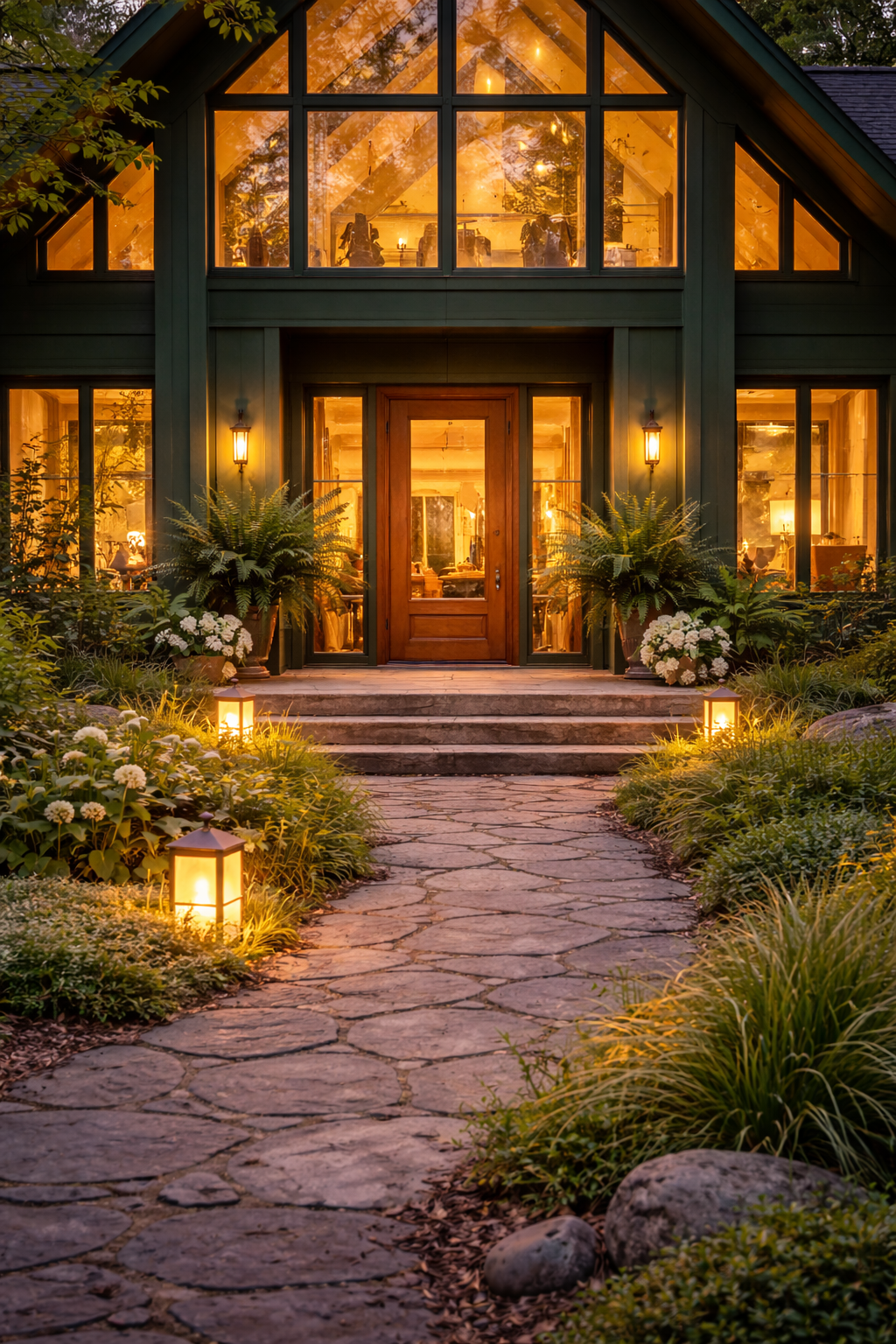 A house with green exterior and large glass windows glowing warmly in the evening. The front entrance has stone steps and a stone pathway leading to the door, flanked by lush plants and lit lanterns.