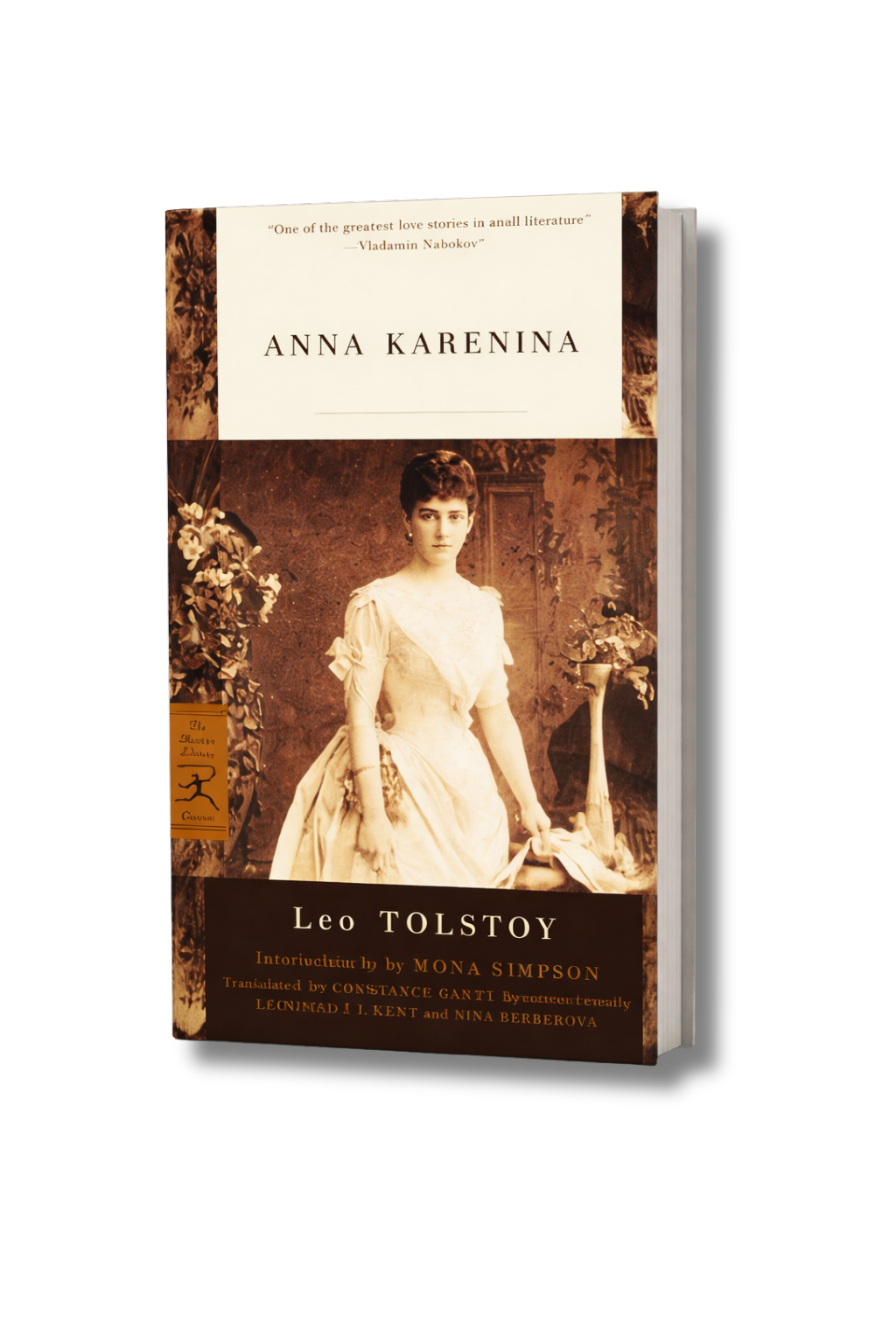 Cover of a book titled "Anna Karenina" by Leo Tolstoy, featuring a vintage sepia photograph of a woman in a 19th-century dress sitting beside flowers and a decorated wallpaper background.