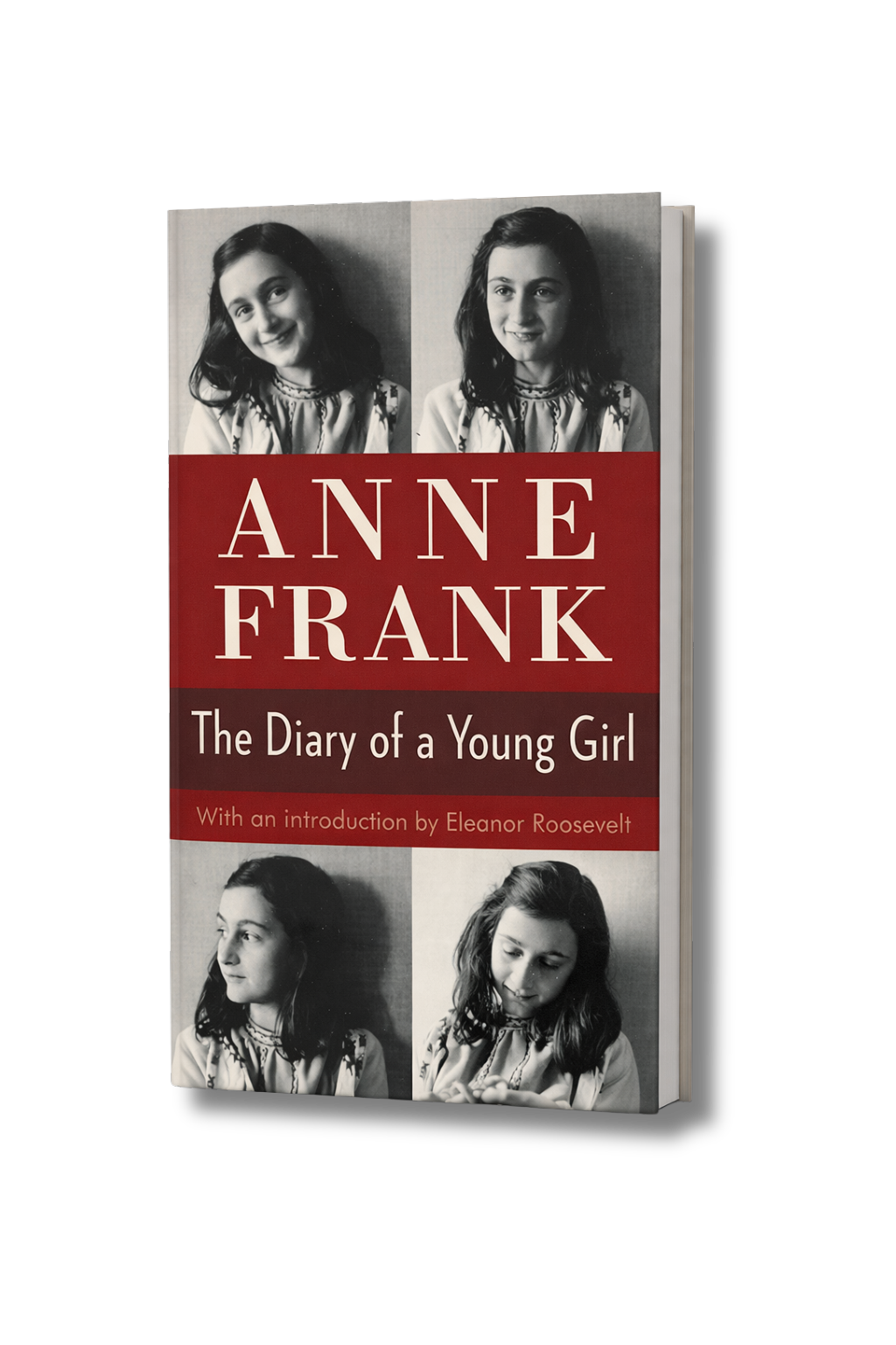 Book cover of Anne Frank's "The Diary of a Young Girl" featuring black-and-white photographs of Anne Frank in different poses.