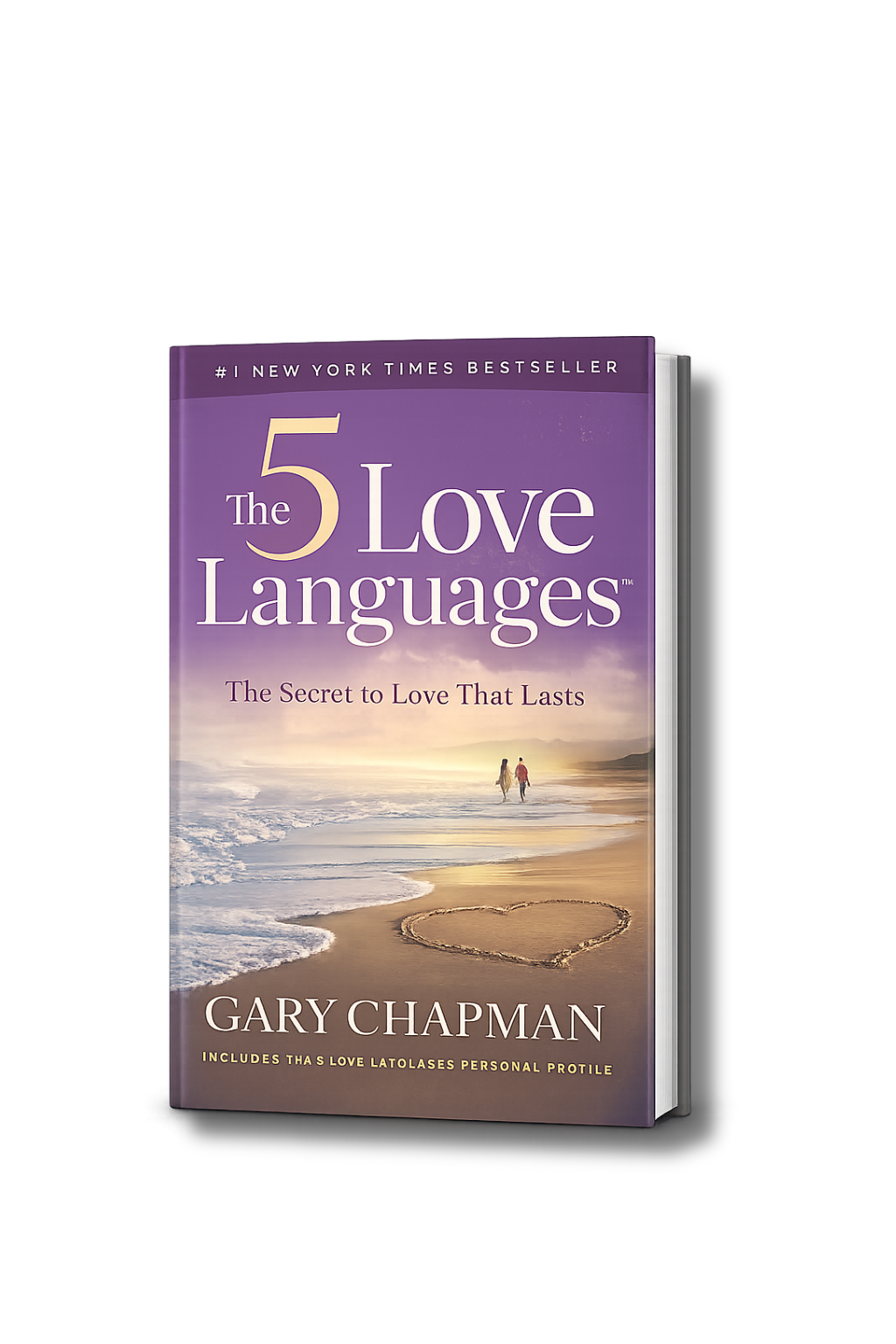 The book titled 'The 5 Love Languages: The Secret to Love That Lasts' by Gary Chapman, featuring a beach scene with two people walking and a heart drawn in the sand.