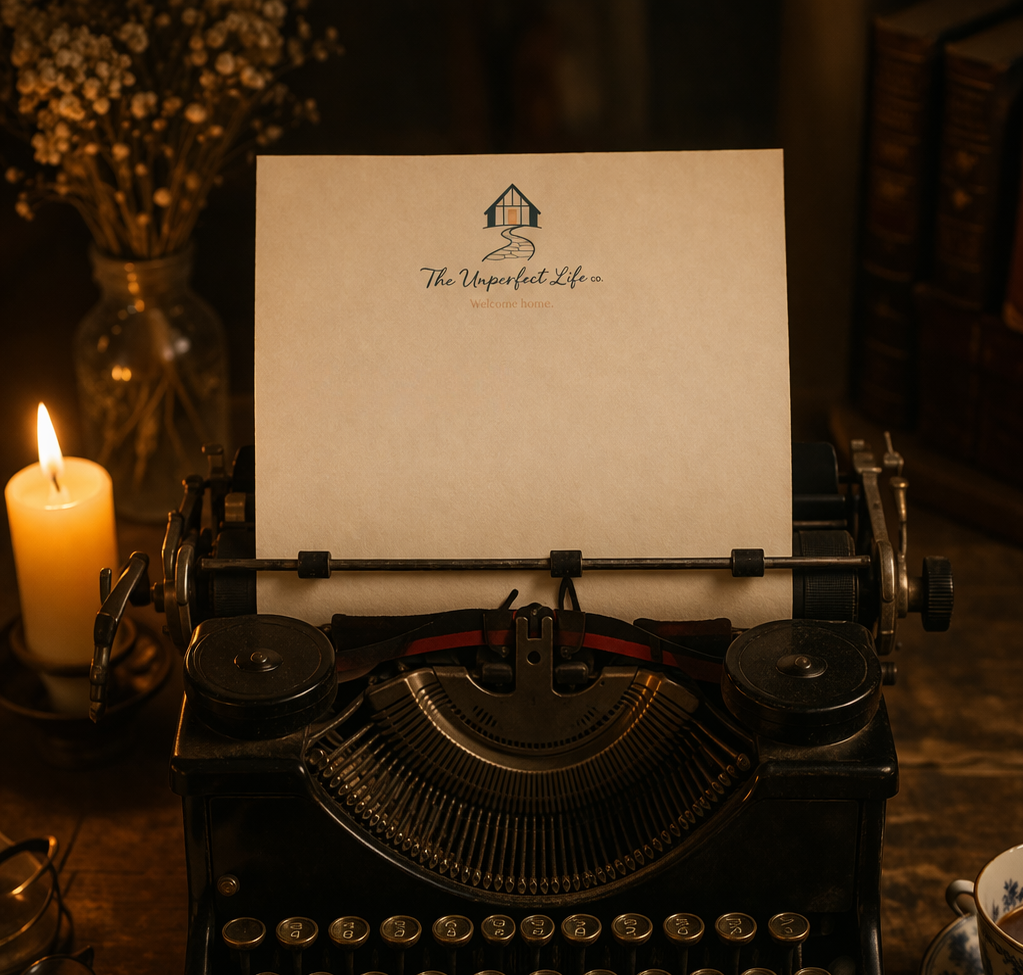 An antique typewriter with a sheet of paper inserted, displaying a logo of a house and the text 'The Unperfect Life Co.' and 'Welcome home.' Next to the typewriter, there is a lit candle and a vase with dried flowers in a warm, cozy setting.
