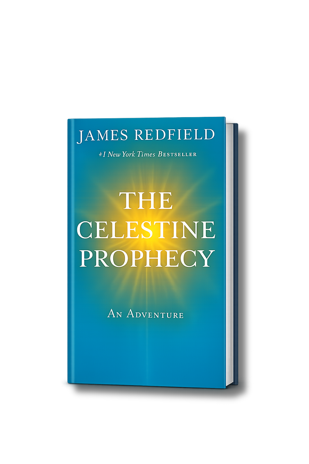 Cover of book titled "The Celestine Prophecy" by James Redfield, with a blue background and a radiant yellow light in the center.