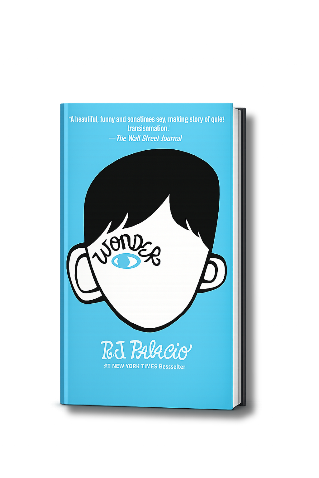 Book cover featuring a drawing of a person's face with black hair, where the eye is replaced by an eye symbol and the word 'wonder' is written across the face. The background is light blue. The author’s name, R.J. Palacio, is at the bottom along with