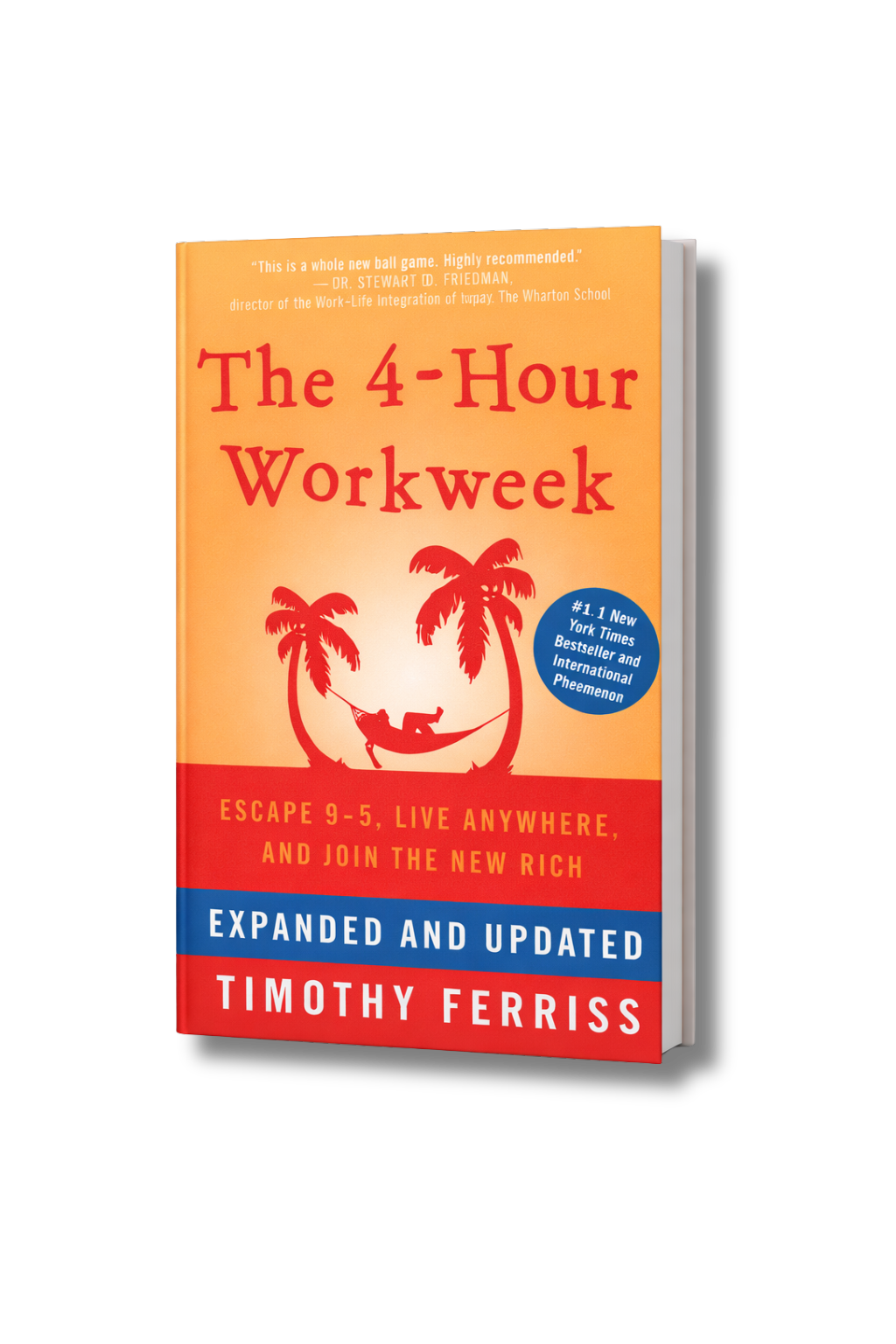 Cover of the book titled 'The 4-Hour Workweek' by Timothy Ferriss, featuring an orange background with red and blue sections, an illustration of a hammock between two palm trees, and a blue circle indicating it is a bestseller.