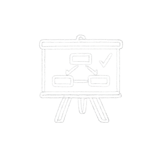 White chalk drawing of a flowchart on a black chalkboard, with rectangles connected by arrows, a checkmark, and a rectangular label.