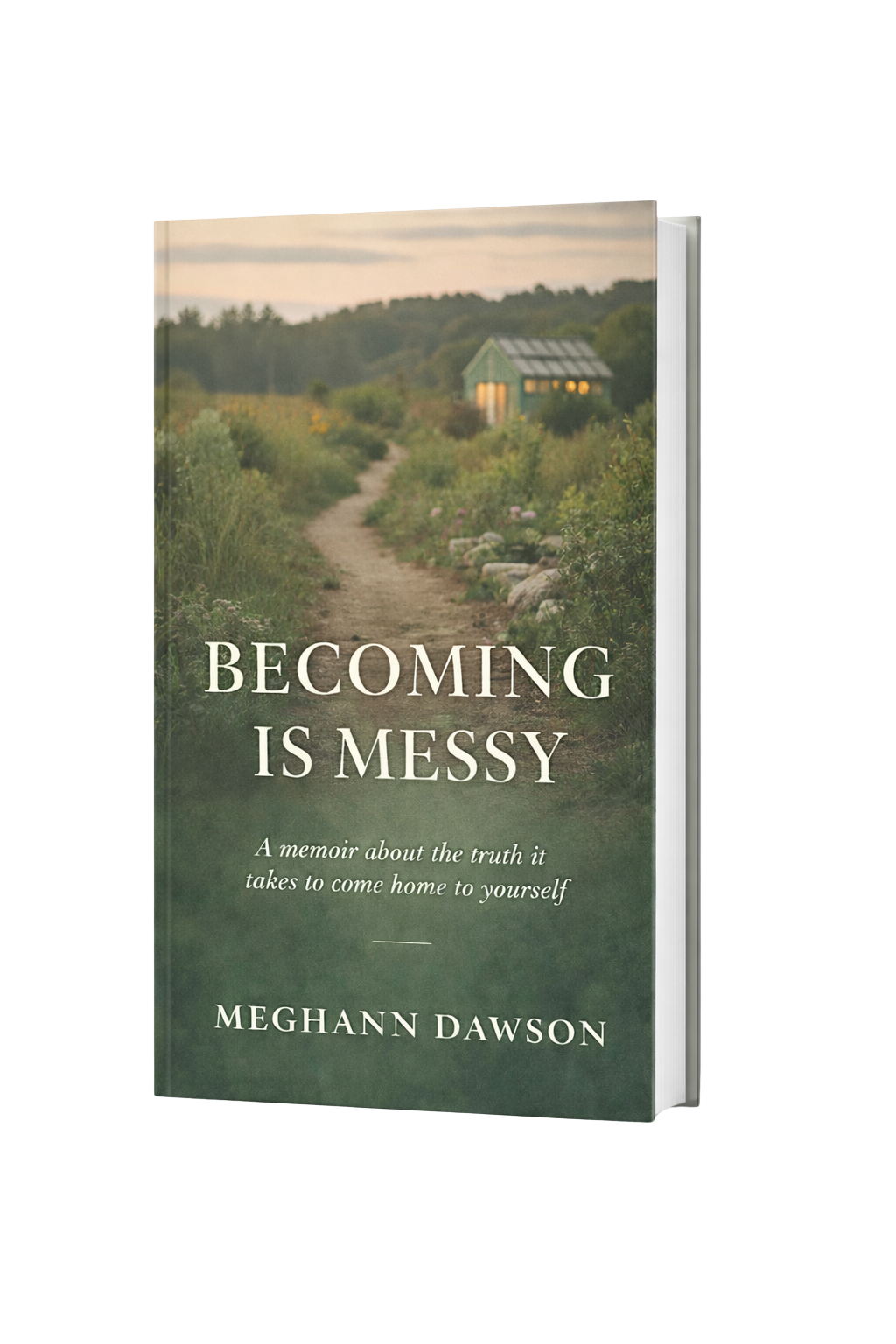 A hardcover book titled "Becoming Is Messy" by Meghann Dawson, featuring a landscape with a dirt path, greenery, and a small house in the distance at sunset.
