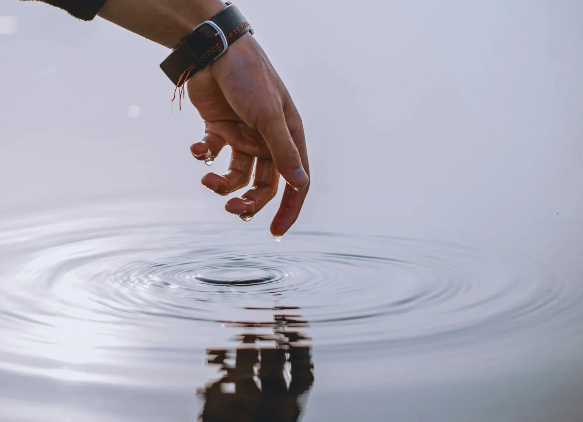 Close-up of a hand with a watch dipping fingers into still water, creating ripples.