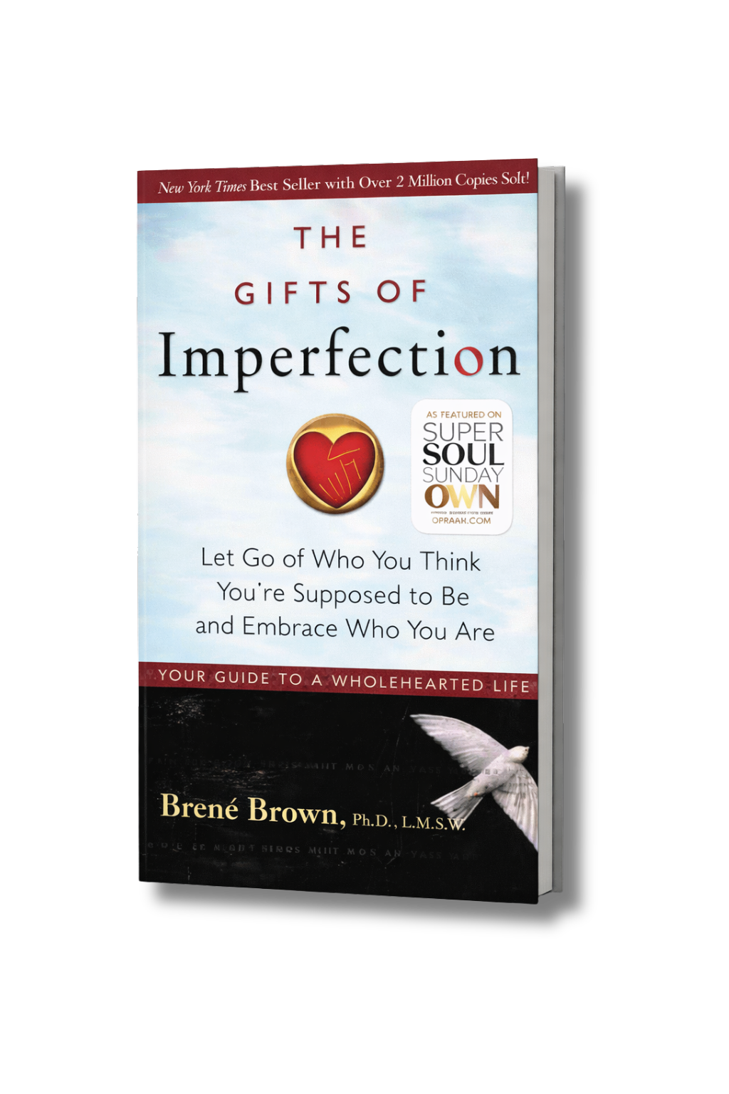 Book titled "The Gifts of Imperfection" by Brené Brown, featuring a red heart with a gold border and a white dove on the cover.