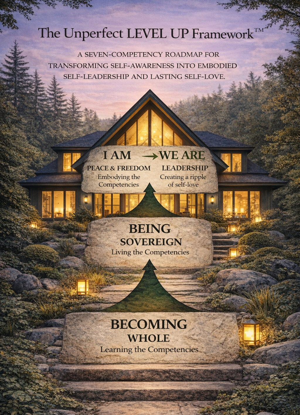 Illustration of a house with steps leading up to it, displaying the stages of personal development from becoming whole to being sovereign, with step descriptions and an overarching framework title.
