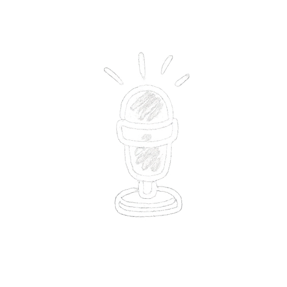 White chalk drawing of a microphone with sound waves emanating from the top on a black background.