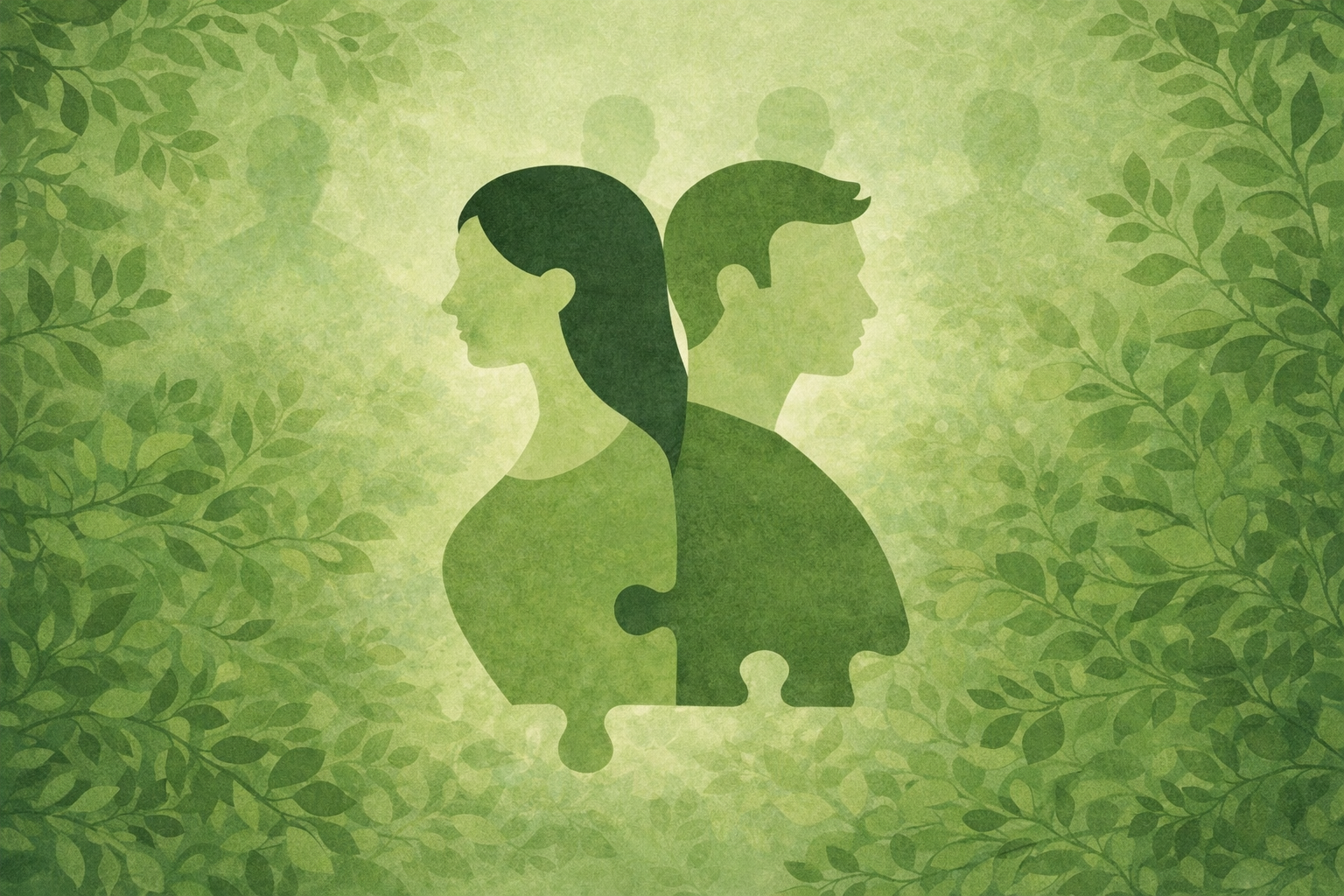Silhouette of a woman and man connected by a puzzle piece, with a green leafy background.