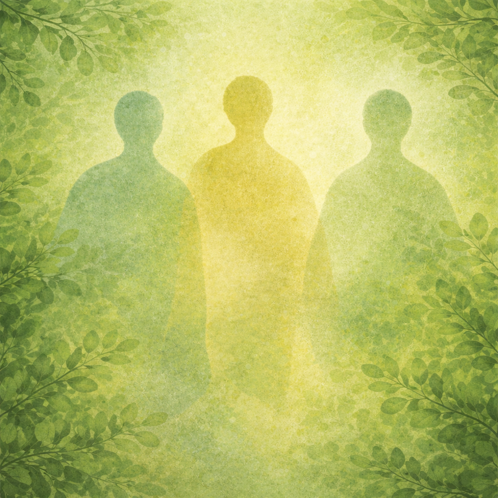 Silhouettes of three people standing in a green, leafy, nature-inspired background with a warm glow in the center.