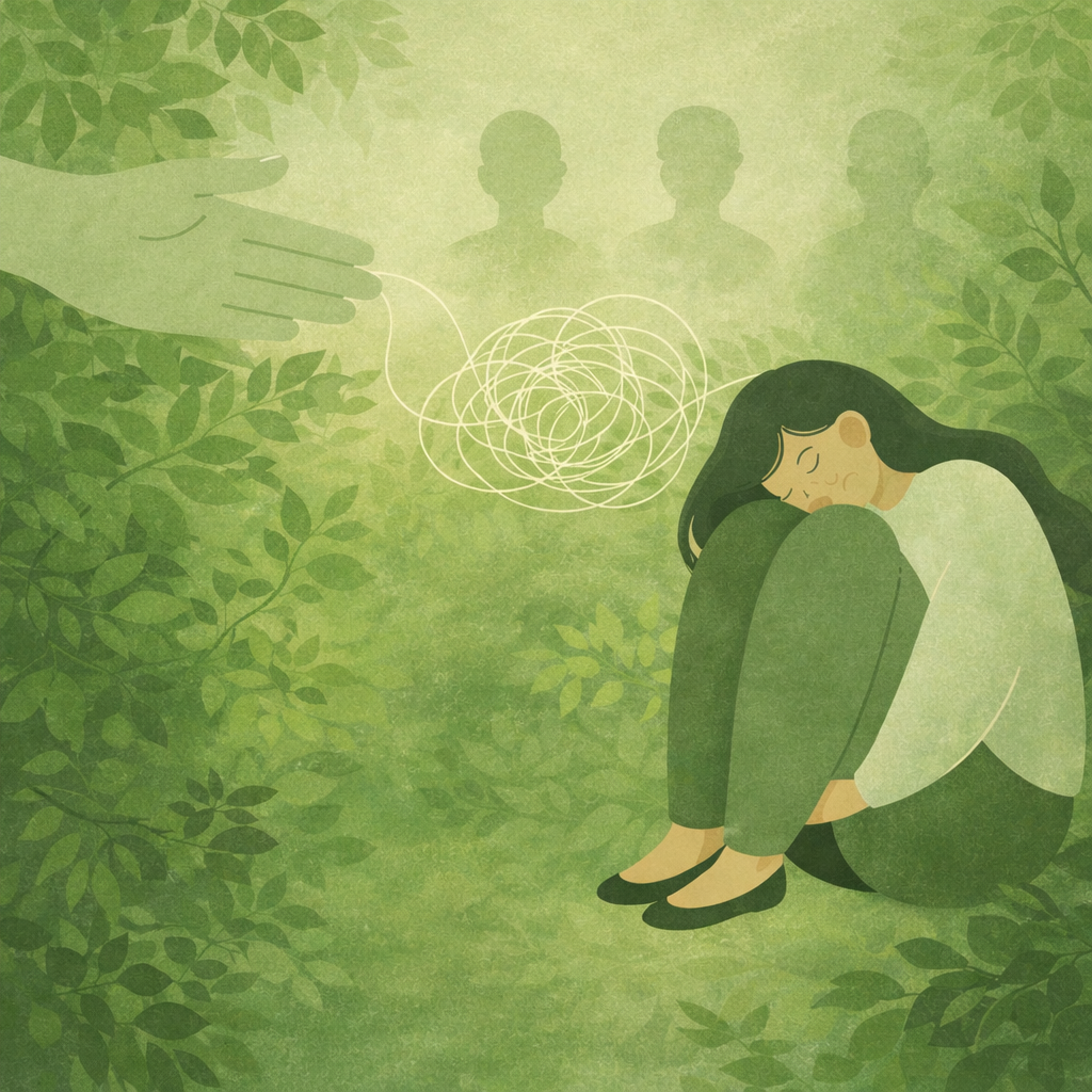 A girl sitting with her knees drawn up to her chest, looking sad with her eyes closed in a green forest setting. A hand extending from the left appears to be offering a string, leading to a tangled ball of string with three faint, transparent silhouettes of people in the background.