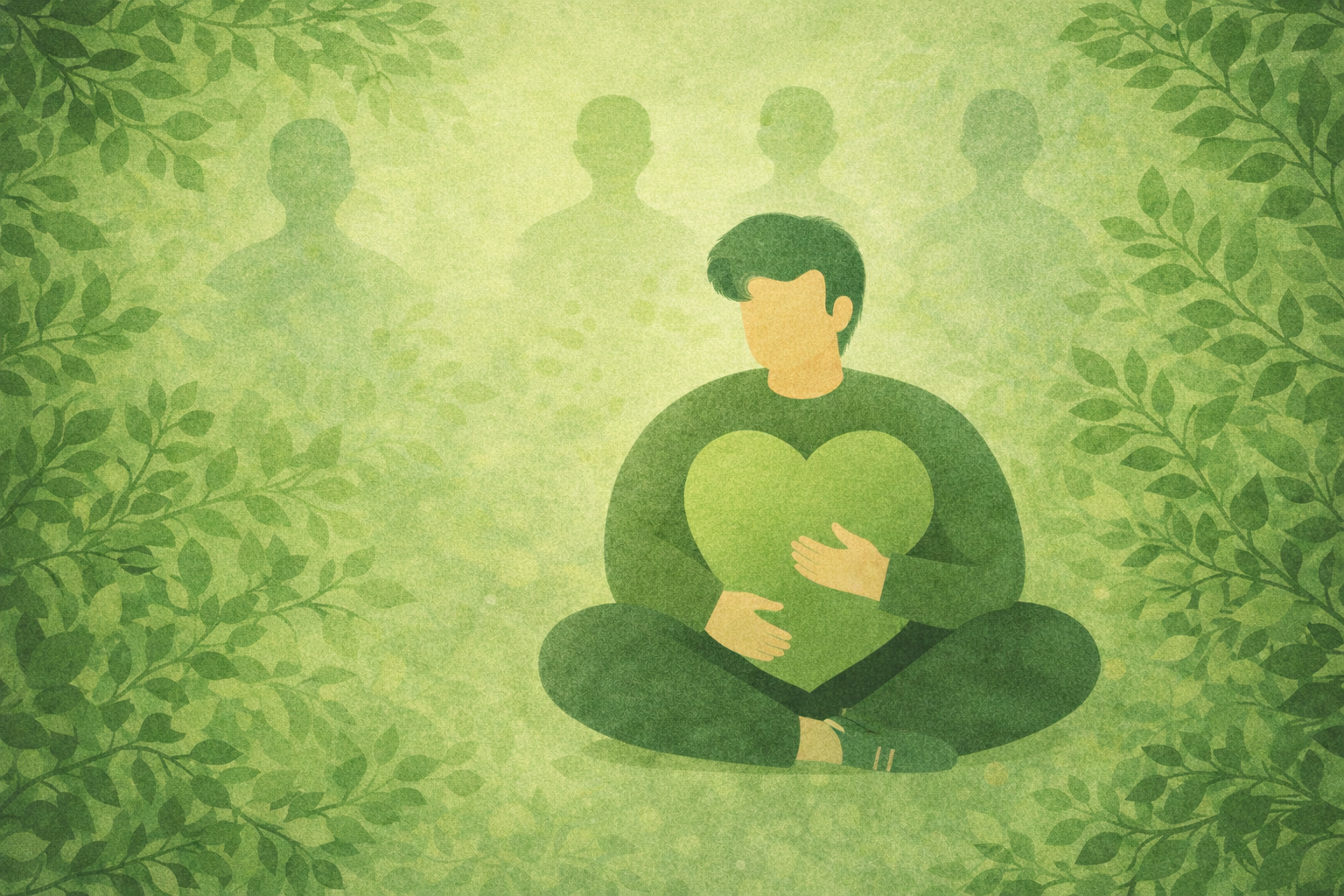Illustration of a person sitting cross-legged in a green environment, holding a large green heart shape against their chest, surrounded by faint silhouettes of other figures.
