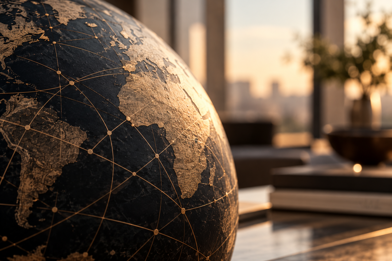 Close-up of a dark globe with a glowing network of connections across the continents