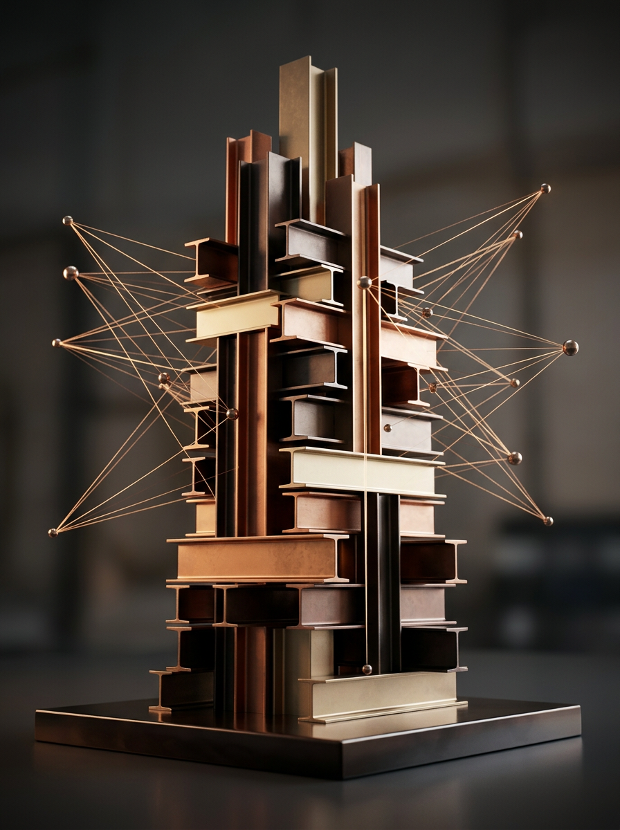 Sculpture of interlocking steel beams with glowing threads radiating outward like a network