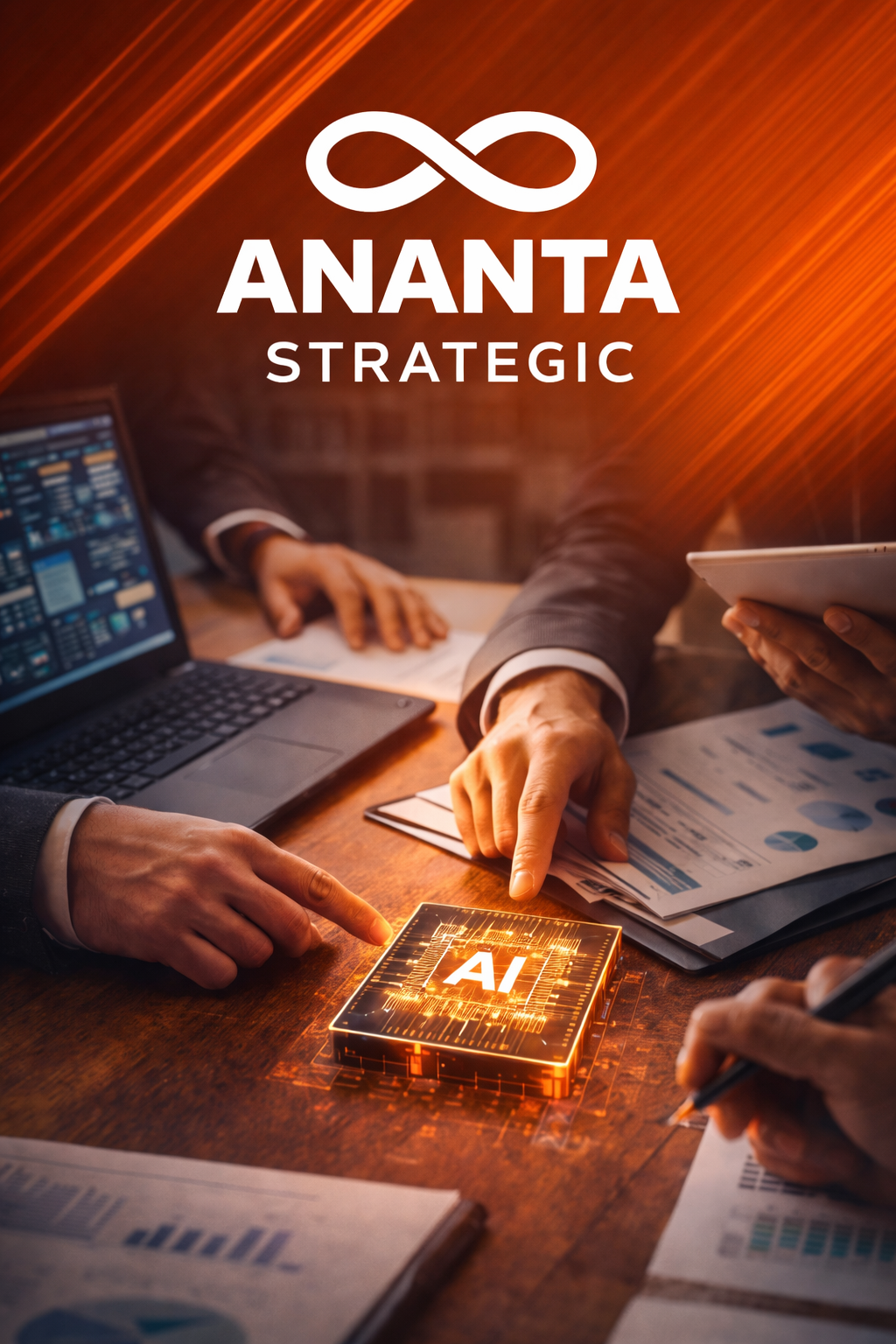 Businesspeople discussing data and AI technology at a meeting with documents, laptops, and tablets on the table, with a prominent technological AI graphic and Ananta Strategic logo overlay.