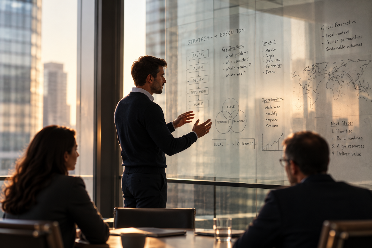 Consultant mapping strategy and execution on a glass whiteboard for leaders in a conference room