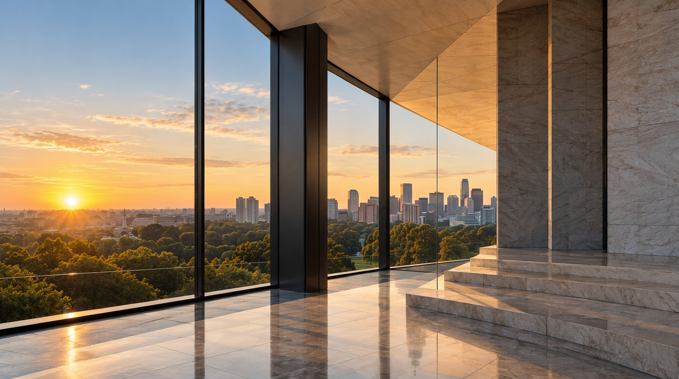 City skyline at golden hour viewed through floor-to-ceiling windows of a modern marble interior