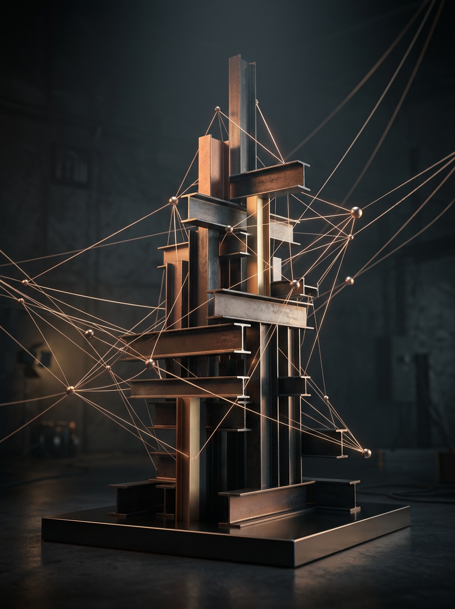 Steel beam sculpture with threads radiating outward against a dark background