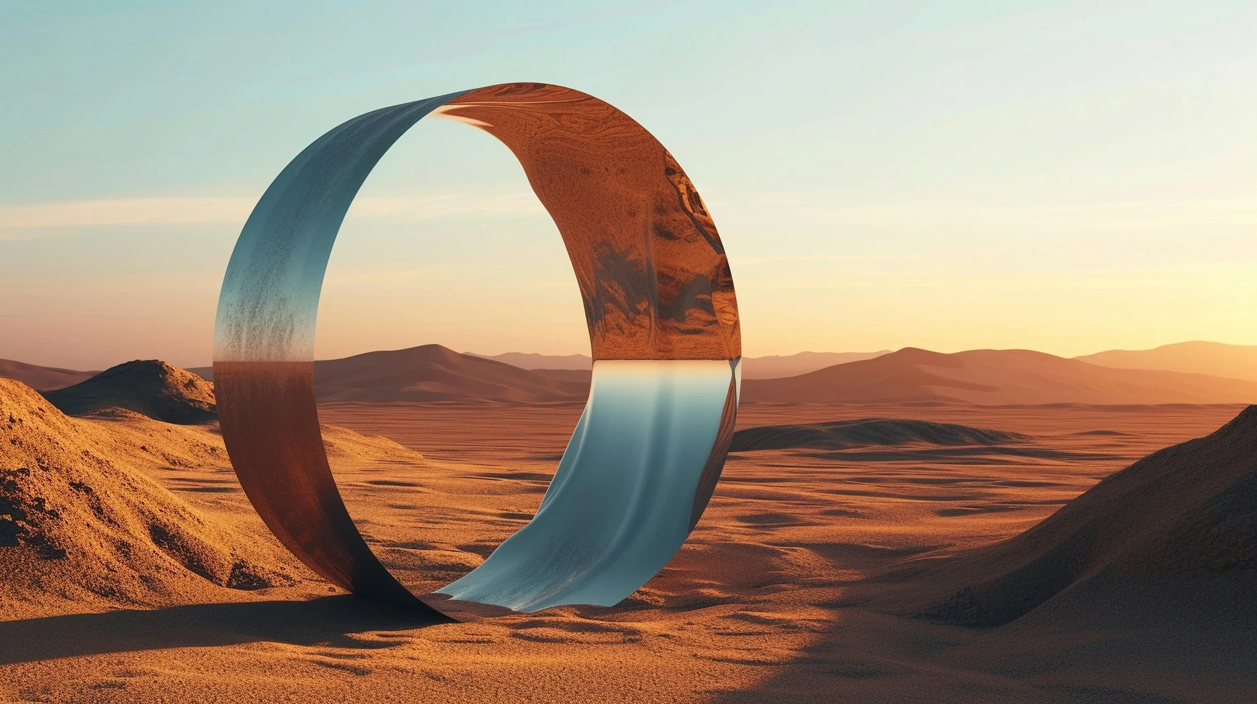A surreal desert landscape with a large circular metallic structure that contains a waterfall, set against a sunset sky with hills in the background.