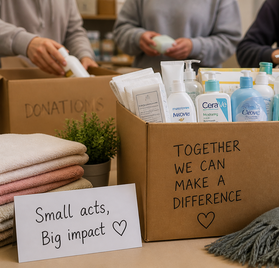 People packing donation boxes containing toiletries, towels, and cleaning supplies at a community charity event with signs reading, "Small acts, Big impact" and "Together we can make a difference."