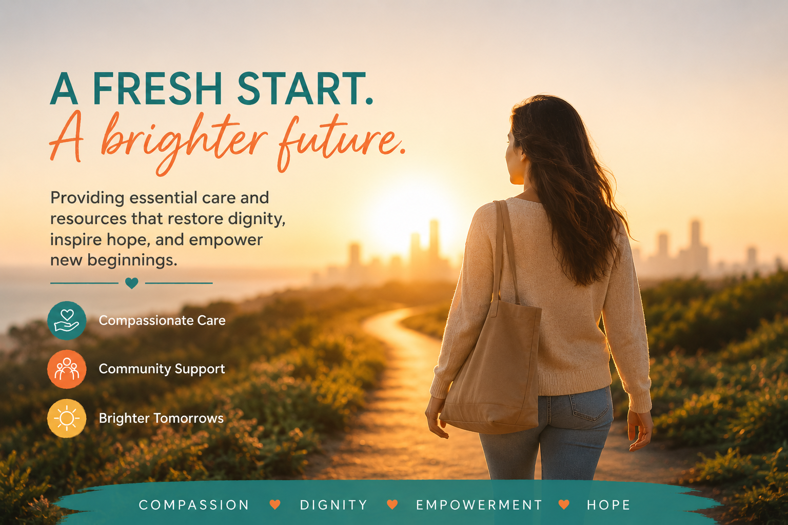 A woman walking along a curved path during sunset, with a city skyline in the background, and text promoting compassionate care, community support, and brighter futures.