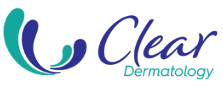 Logo of Clear Dermatology with stylized blue and green leaf design