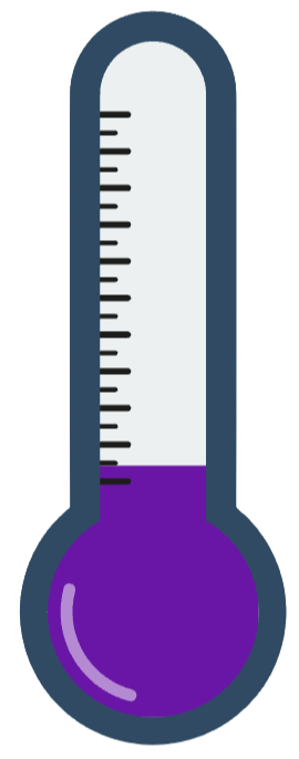 Thermometer showing a low temperature, with the bulb filled with purple liquid.