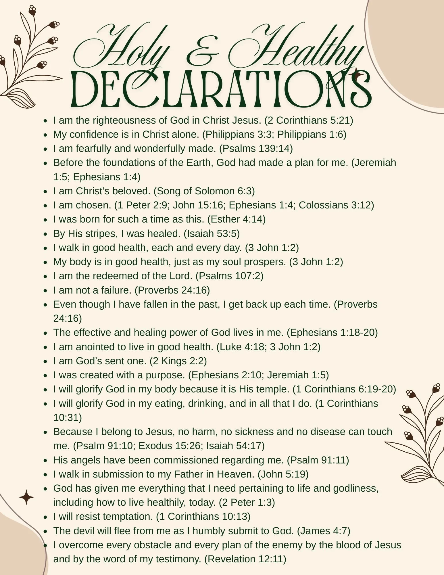 FREE Holy & Healthy List of Declarations for Total Health