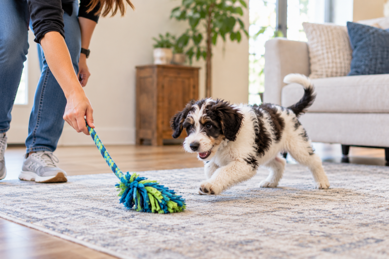 puppy playing with toy while training