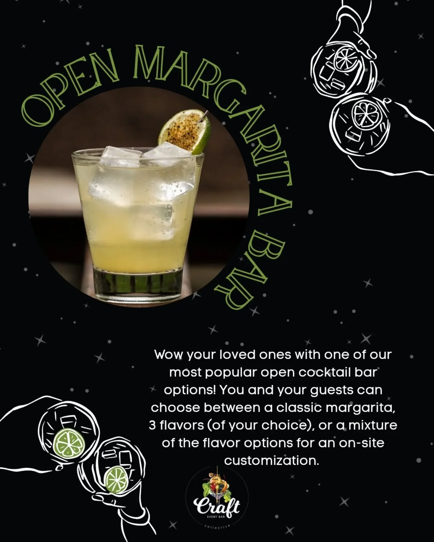 Stressing over which cocktails to serve at your next celebration? Craft Event Bar Collective's Open Margarita Bar is always a crowd pleaser! 🍋&zwj;🟩
We bring a large batch classic margarita and mix in flavor as you and your guests choose!  The on-s