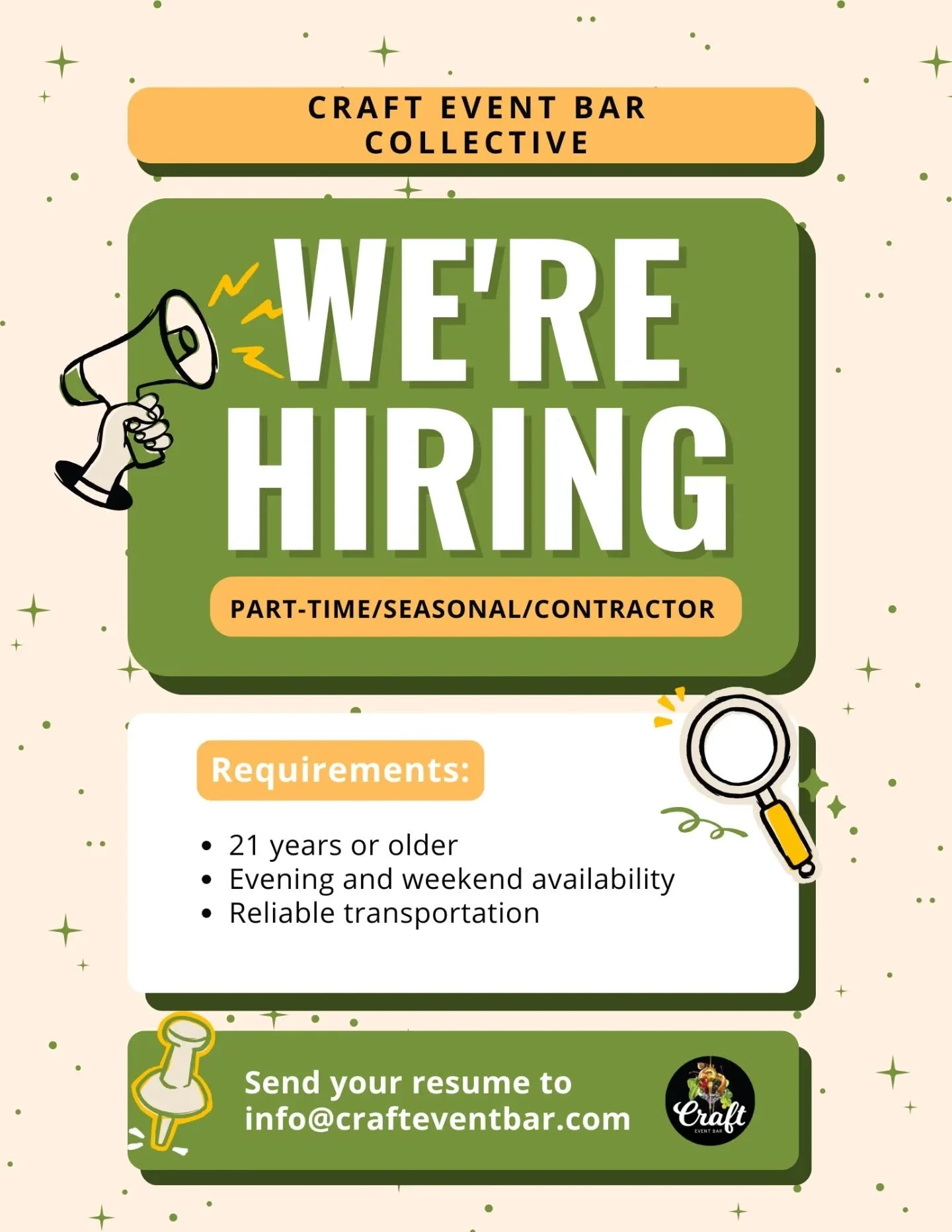 We're looking to add to our team! ✨🍒
Possible positions include working at Cherry Street Bottle Shop, decorating for seasonal pop-up bars, serving/bartending/food prep and cook/hosting positions during the pop-up bars, and bartending during our even