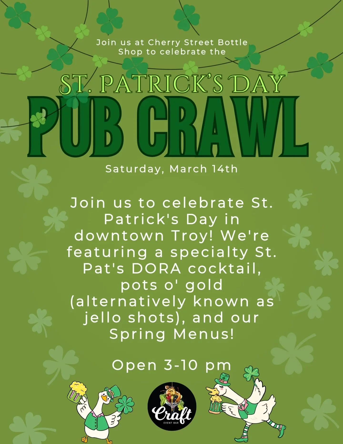Start your St Patrick's Day celebrations with Pots O' Gold at Cherry Street Bottle Shop 🍀🌈 
We'll be open 3-10 this Saturday, March 14th. ✨☘️

.
(Please note we won't actually have pots of gold- but we will have themed jello shots that are similar 