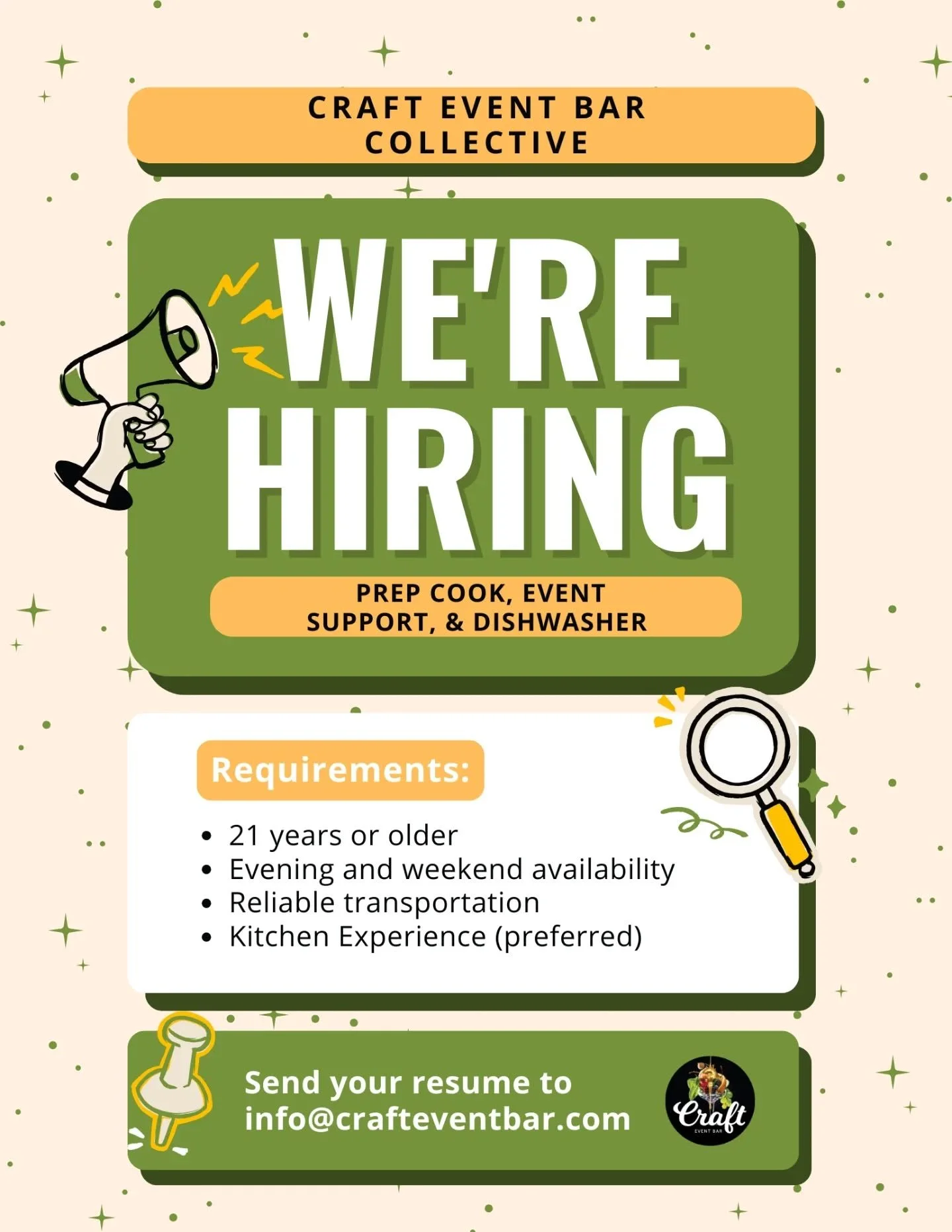 We're planning the next few Pop-Up Bars at Cherry Street Bottle Shop and looking to hire the perfect person! 👀🍒
Craft Event Bar Collective/Cherry Street Bottle Shop is looking for someone to fill a prep cook and dishwashing position during our pop-